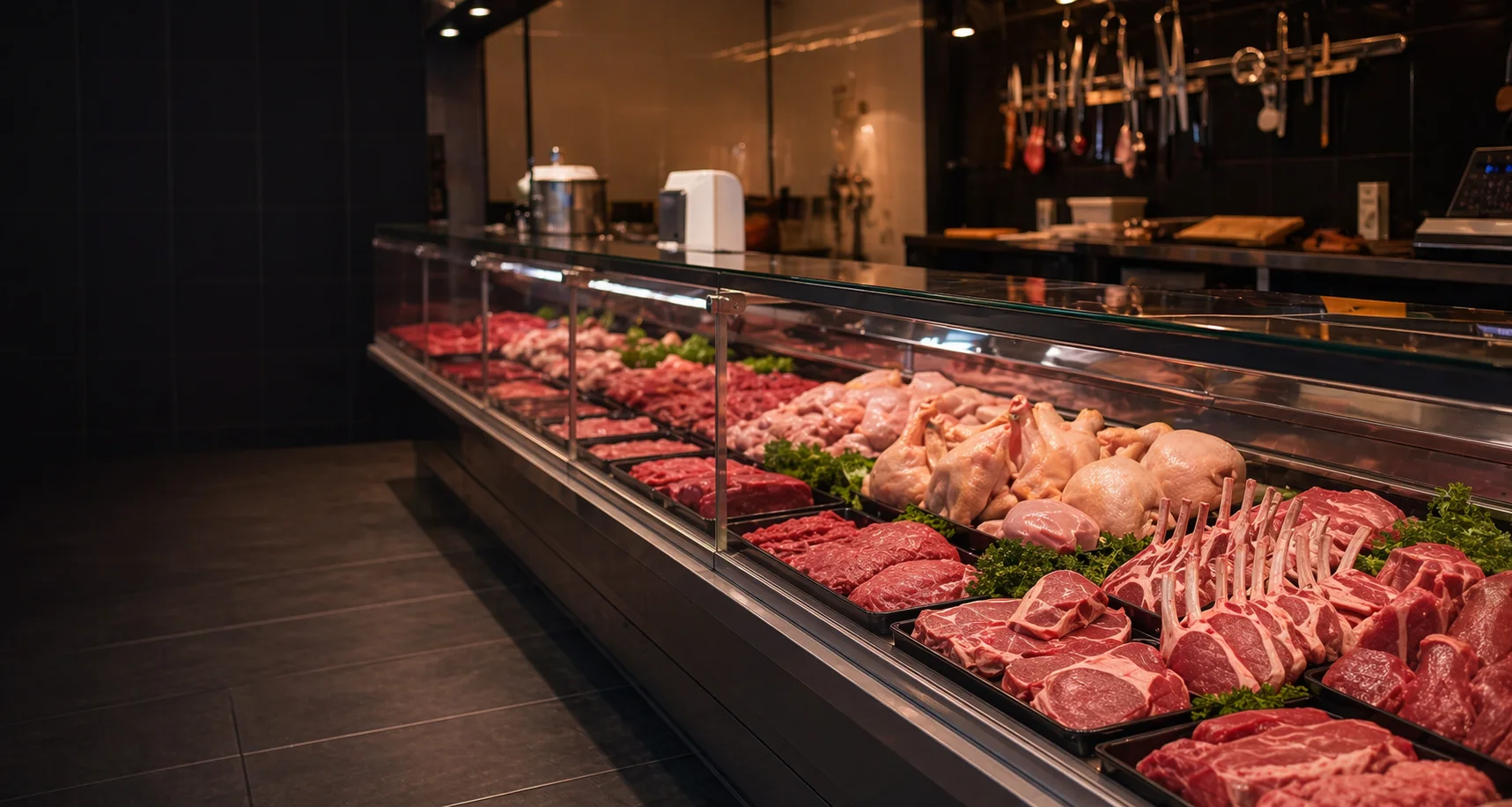 Fresh halal meat displayed in a clean butcher counter